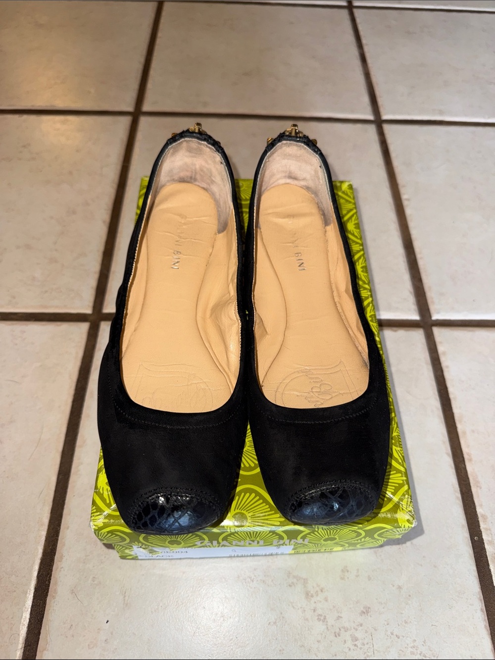 Gianni Bini Black Suede Square-Toe Ballet Flats with gold studs